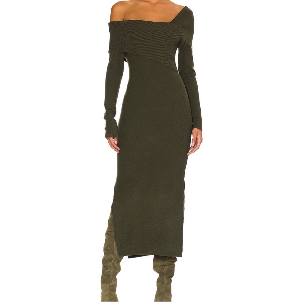 Line & Dot One Shoulder Olive Dress